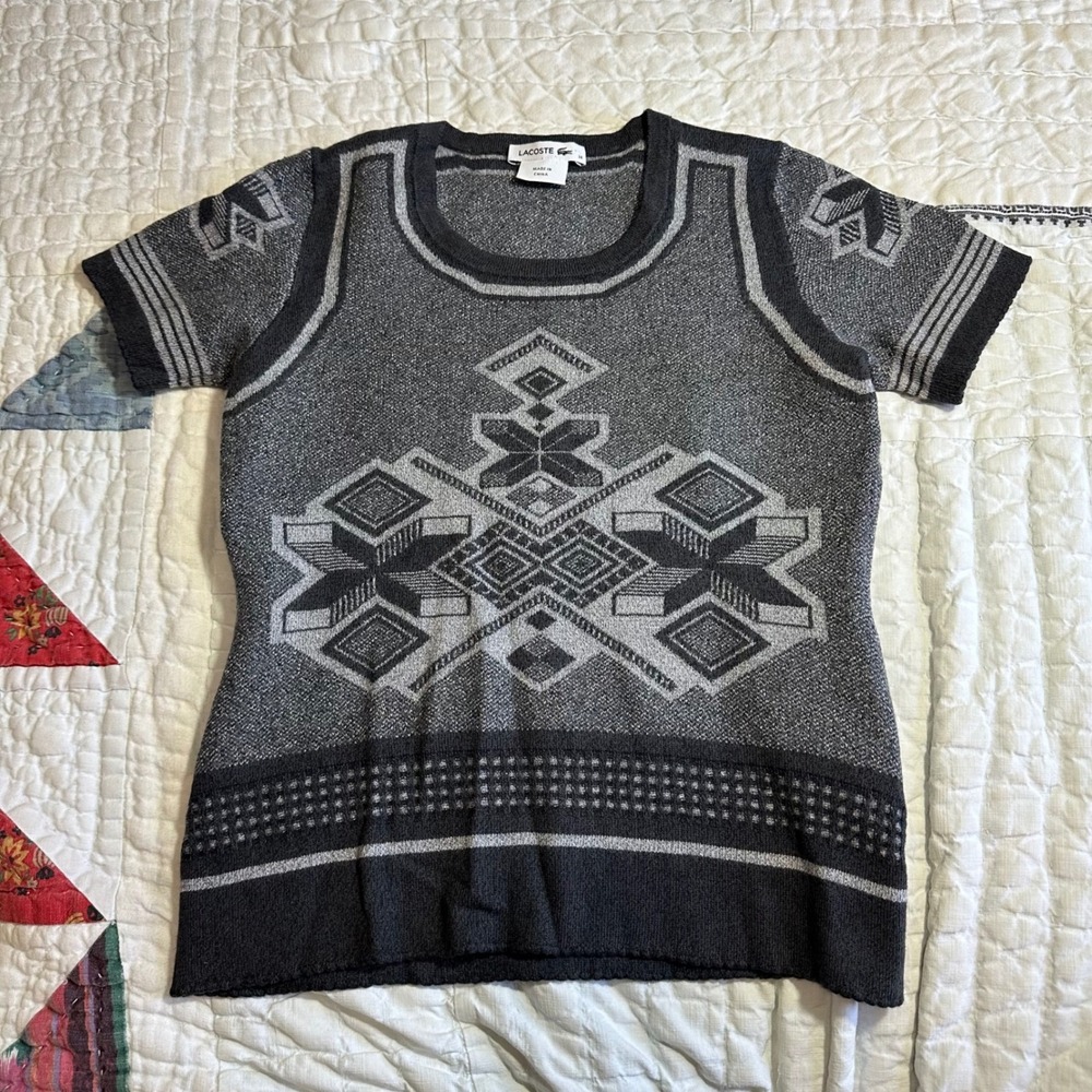 Lacoste Short Sleeve Sweater Grey Geometric Knit Wool Blend Top